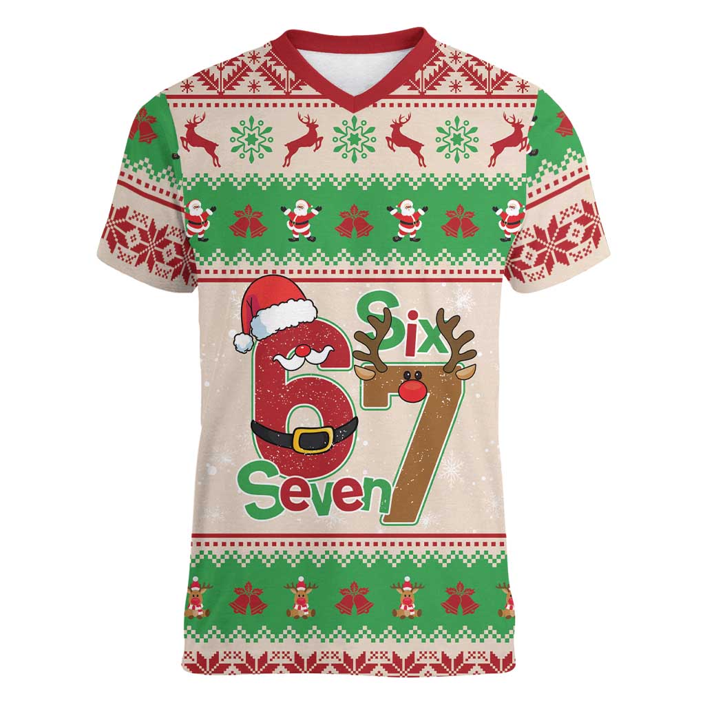 Funny Six Seven Meme Christmas Women V-Neck T-Shirt Santa Says 6 7 - Wonder Print Shop