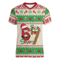 Funny Six Seven Meme Christmas Women V-Neck T-Shirt Santa Says 6 7 - Wonder Print Shop