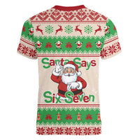 Funny Six Seven Meme Christmas Women V-Neck T-Shirt Santa Says 6 7 - Wonder Print Shop