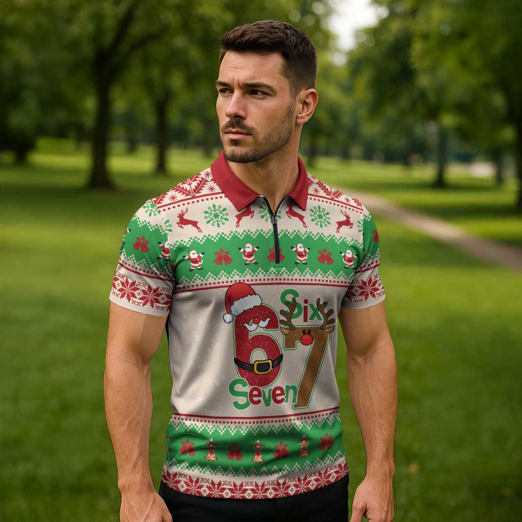 Funny Six Seven Meme Christmas Zipper Polo Shirt Santa Says 6 7 - Wonder Print Shop