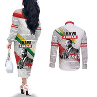 Martin Luther King Couples Matching Off The Shoulder Long Sleeve Dress and Long Sleeve Button Shirt Honoring The Legacy White Version