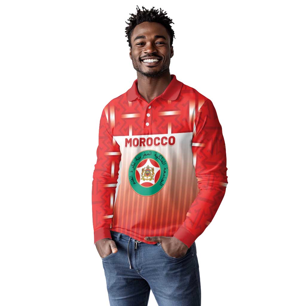 Custom Morocco Football Long Sleeve Polo Shirt 1994 Retro Red Version - Wonder Print Shop