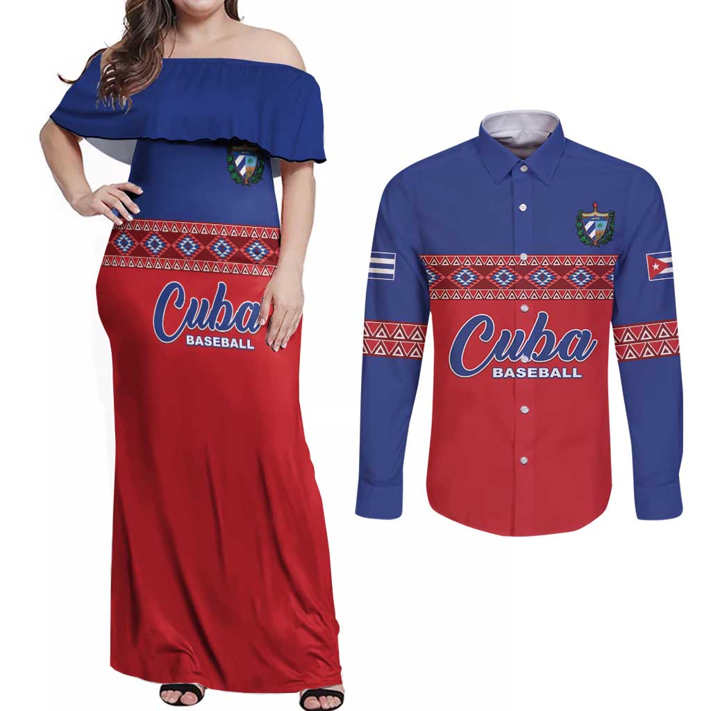 Custom Cuba Baseball Couples Matching Off Shoulder Maxi Dress and Long Sleeve Button Shirt Special Version