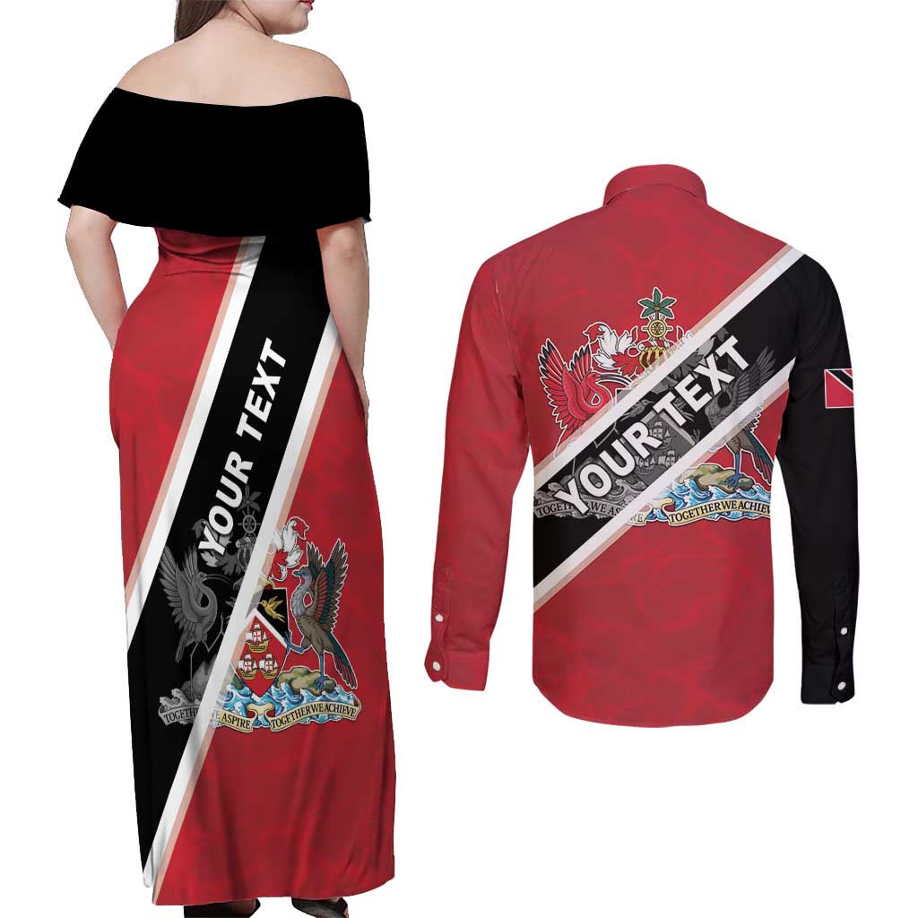 Personalized Trinidad and Tobago Couples Matching Off Shoulder Maxi Dress and Long Sleeve Button Shirt Coat Of Arms Flag Style