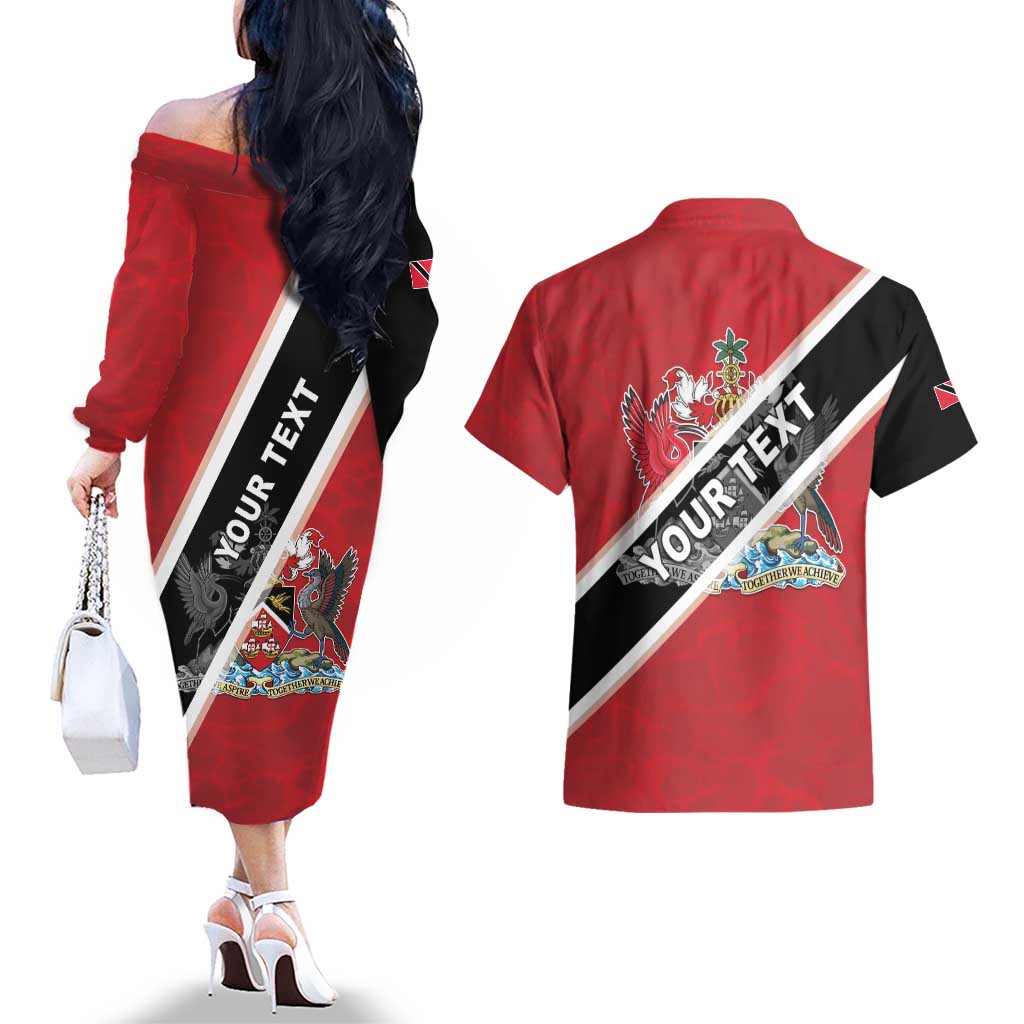 Personalized Trinidad and Tobago Couples Matching Off The Shoulder Long Sleeve Dress and Hawaiian Shirt Coat Of Arms Flag Style