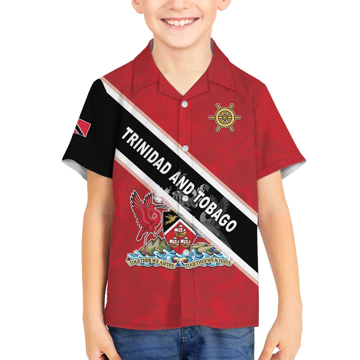 Personalized Trinidad and Tobago Family Matching Off The Shoulder Long Sleeve Dress and Hawaiian Shirt Coat Of Arms Flag Style