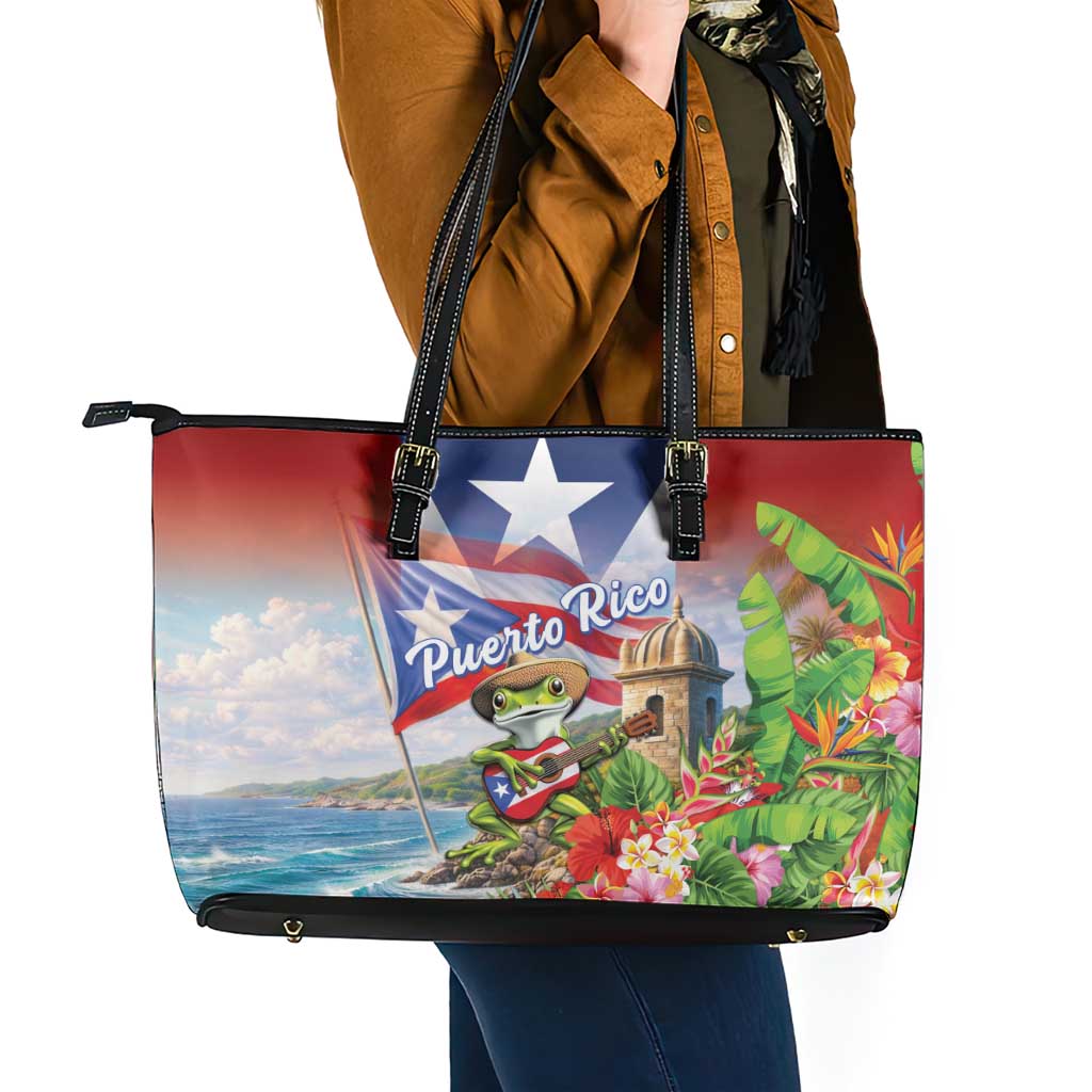 Puerto Rico Coqui Frog Leather Tote Bag Happy Emancipation Day