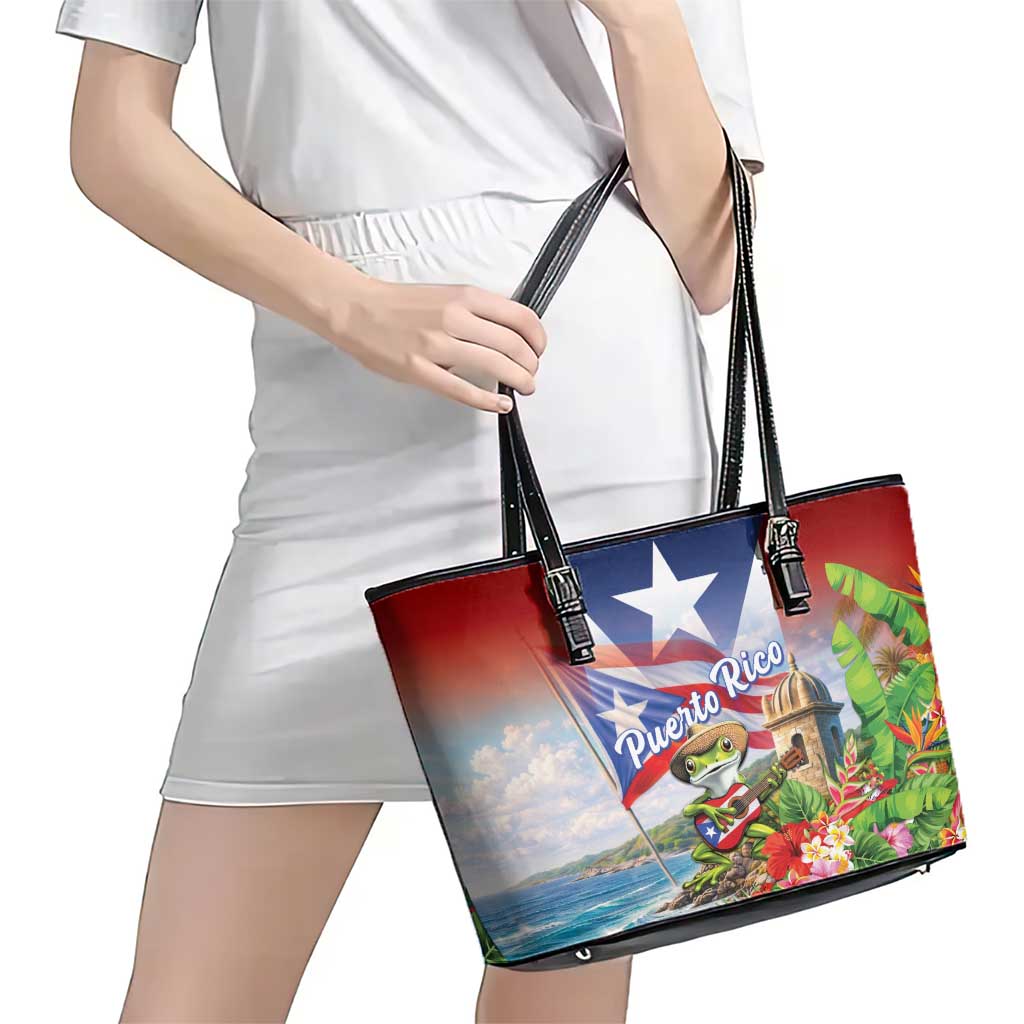 Puerto Rico Coqui Frog Leather Tote Bag Happy Emancipation Day