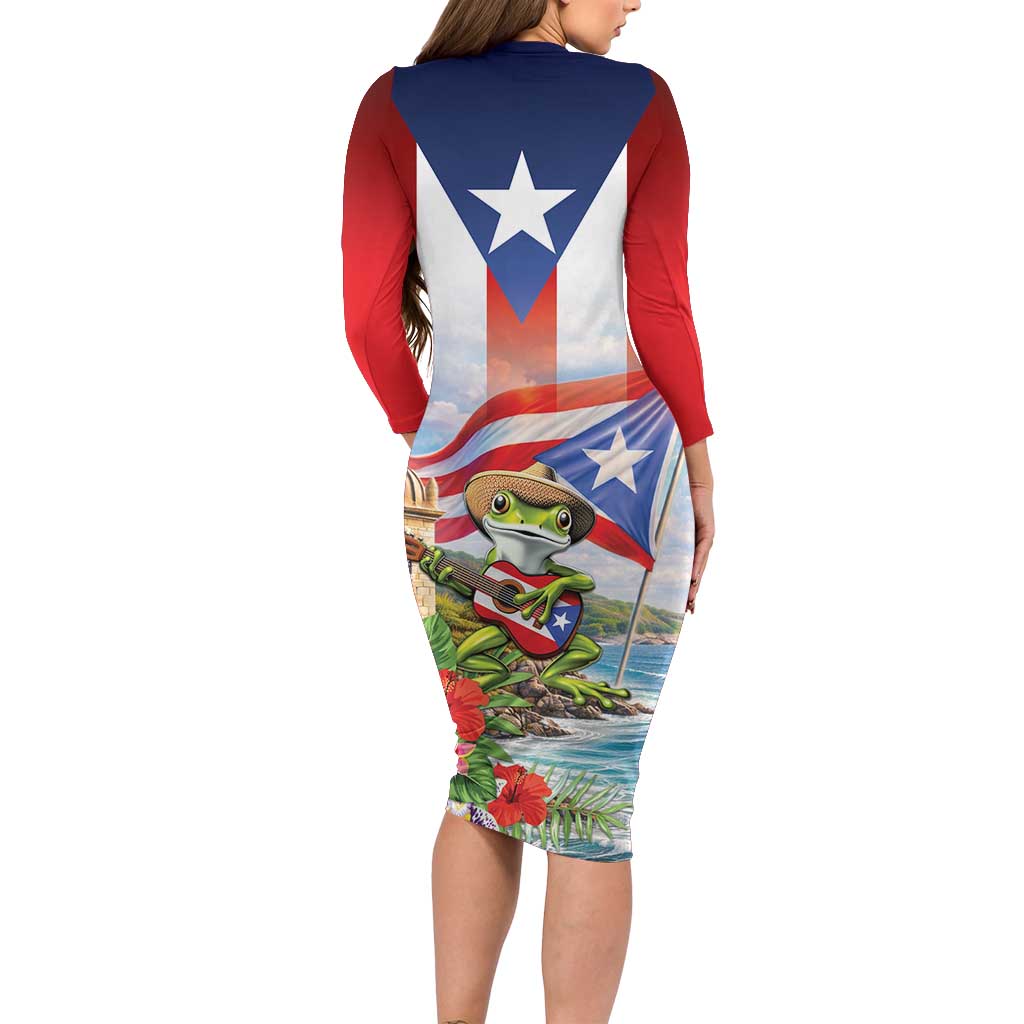 Puerto Rico Coqui Frog Long Sleeve Bodycon Dress Happy Emancipation Day