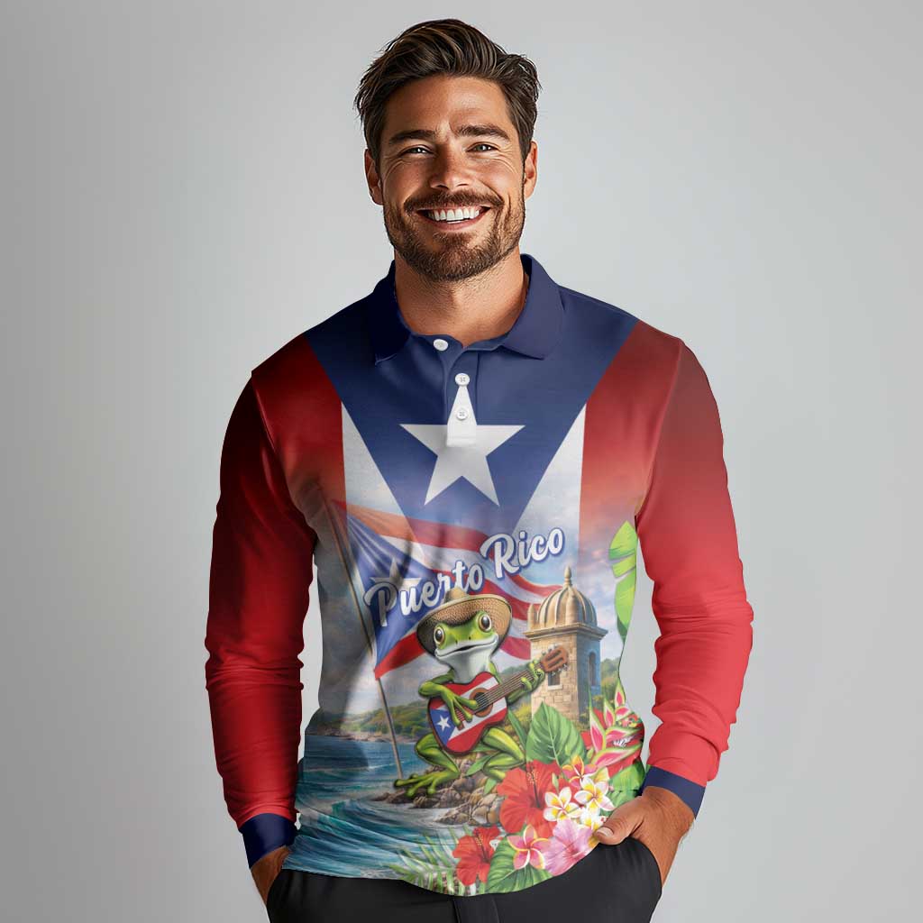 Puerto Rico Coqui Frog Long Sleeve Polo Shirt Happy Emancipation Day