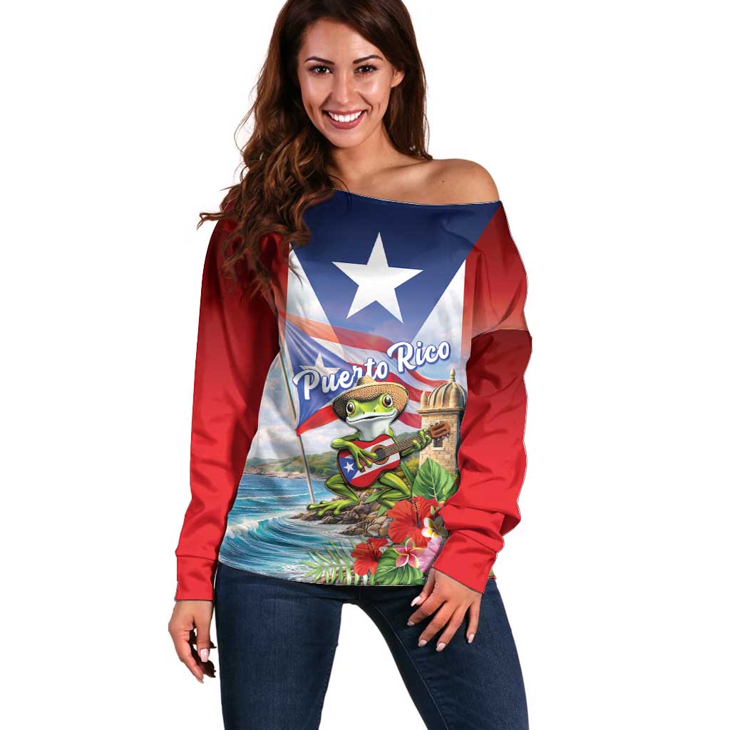Puerto Rico Coqui Frog Off Shoulder Sweater Happy Emancipation Day