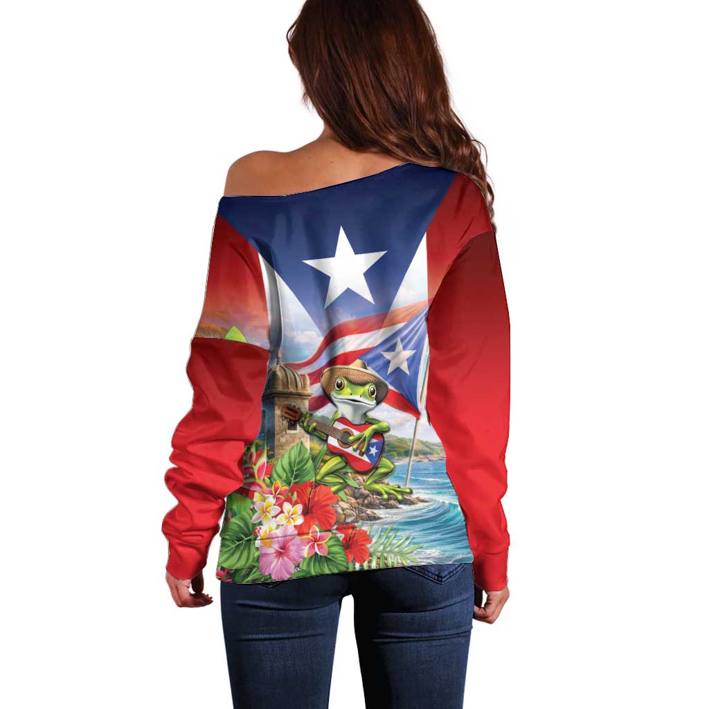 Puerto Rico Coqui Frog Off Shoulder Sweater Happy Emancipation Day