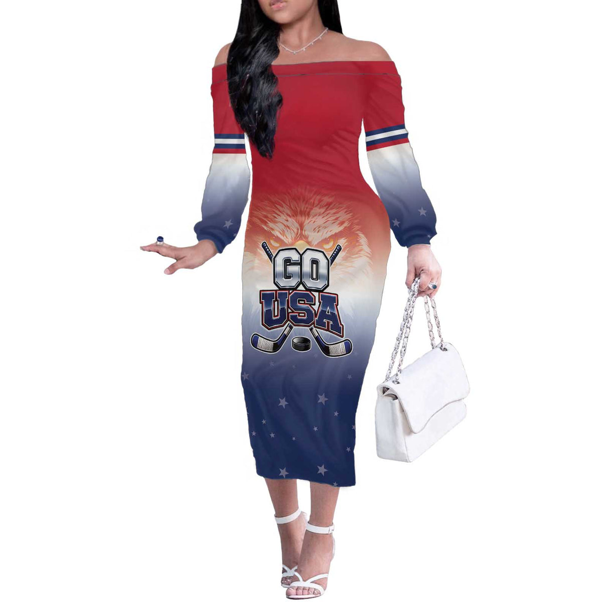 Custom USA Ice Hockey Team Off The Shoulder Long Sleeve Dress Go USA Unique Style