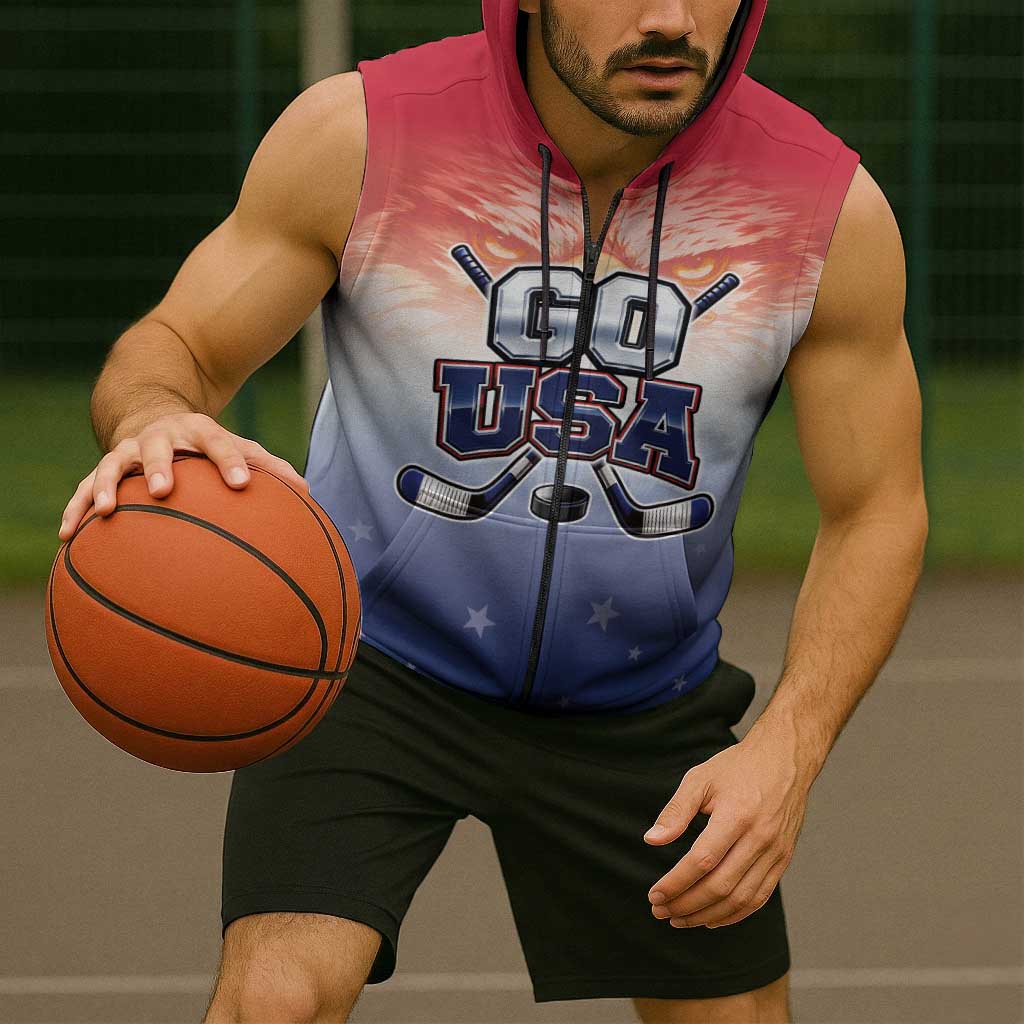 Custom USA Ice Hockey Team Sleeveless Zip Hoodie Go USA Unique Style