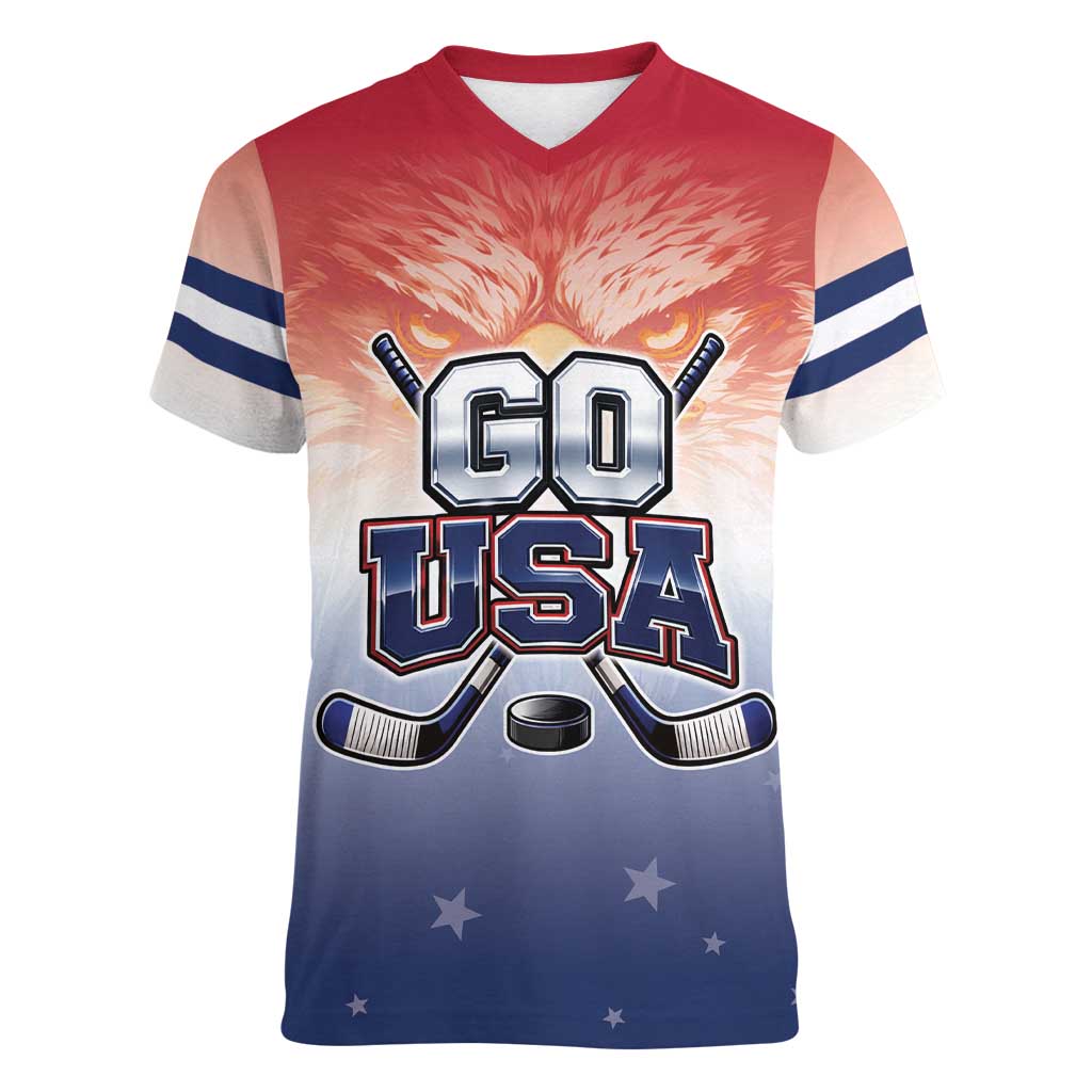 Custom USA Ice Hockey Team Women V-Neck T-Shirt Go USA Unique Style