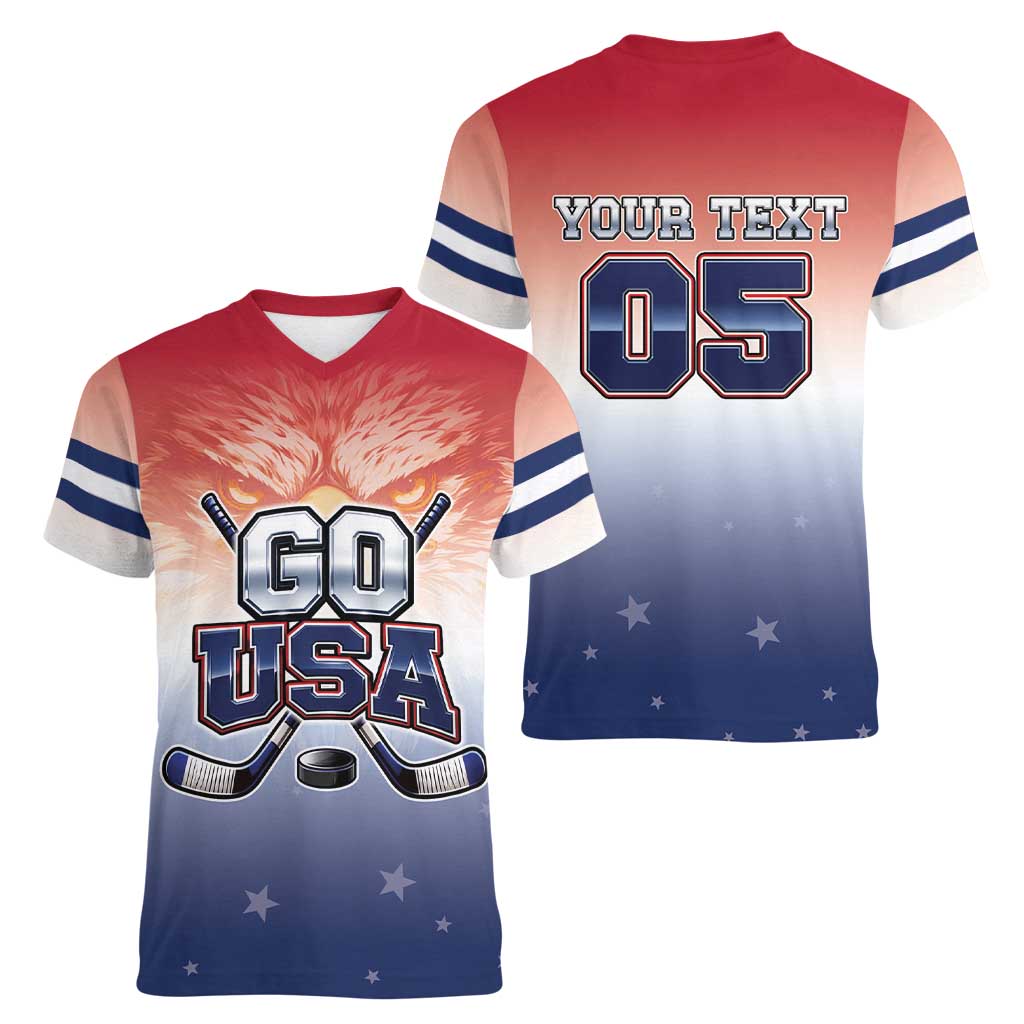 Custom USA Ice Hockey Team Women V-Neck T-Shirt Go USA Unique Style
