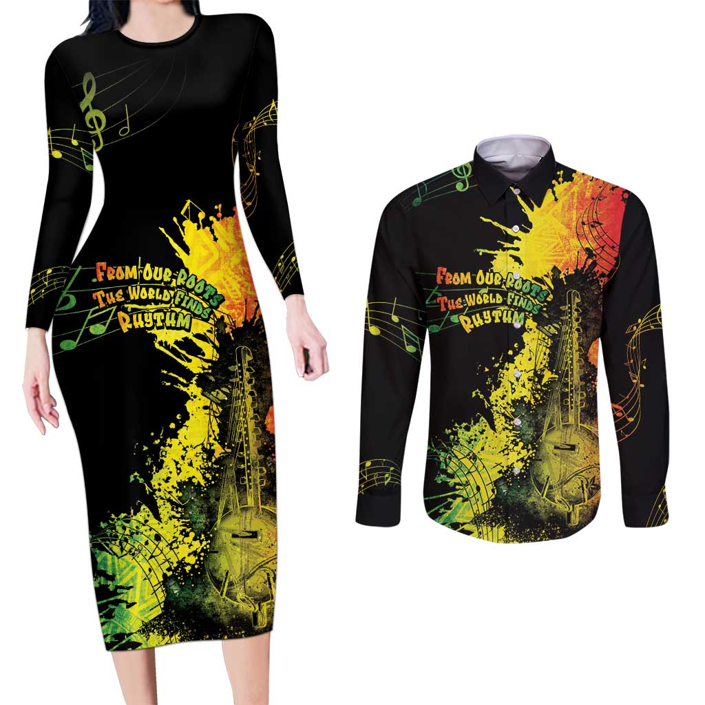 Afro Music Pride Couples Matching Long Sleeve Bodycon Dress and Long Sleeve Button Shirt From Our Roots The World Finds Rhythm - Wonder Print Shop