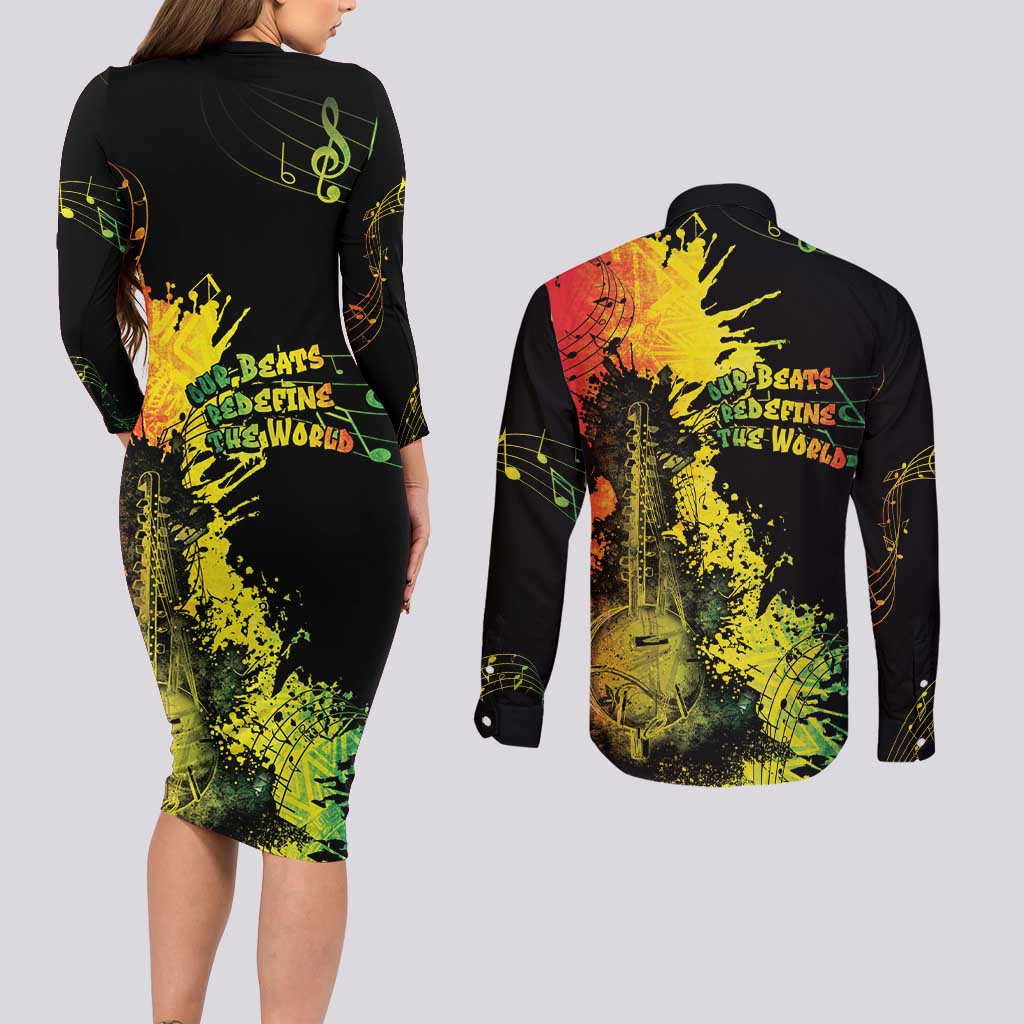 Afro Music Pride Couples Matching Long Sleeve Bodycon Dress and Long Sleeve Button Shirt From Our Roots The World Finds Rhythm - Wonder Print Shop