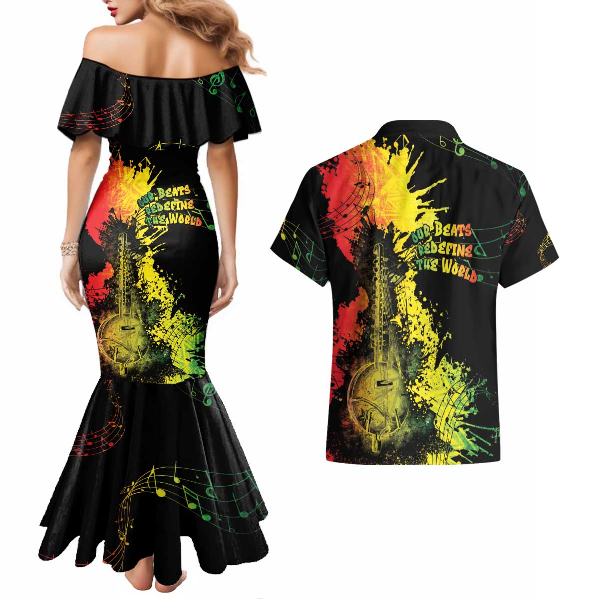 Afro Music Pride Couples Matching Mermaid Dress and Hawaiian Shirt From Our Roots The World Finds Rhythm - Wonder Print Shop