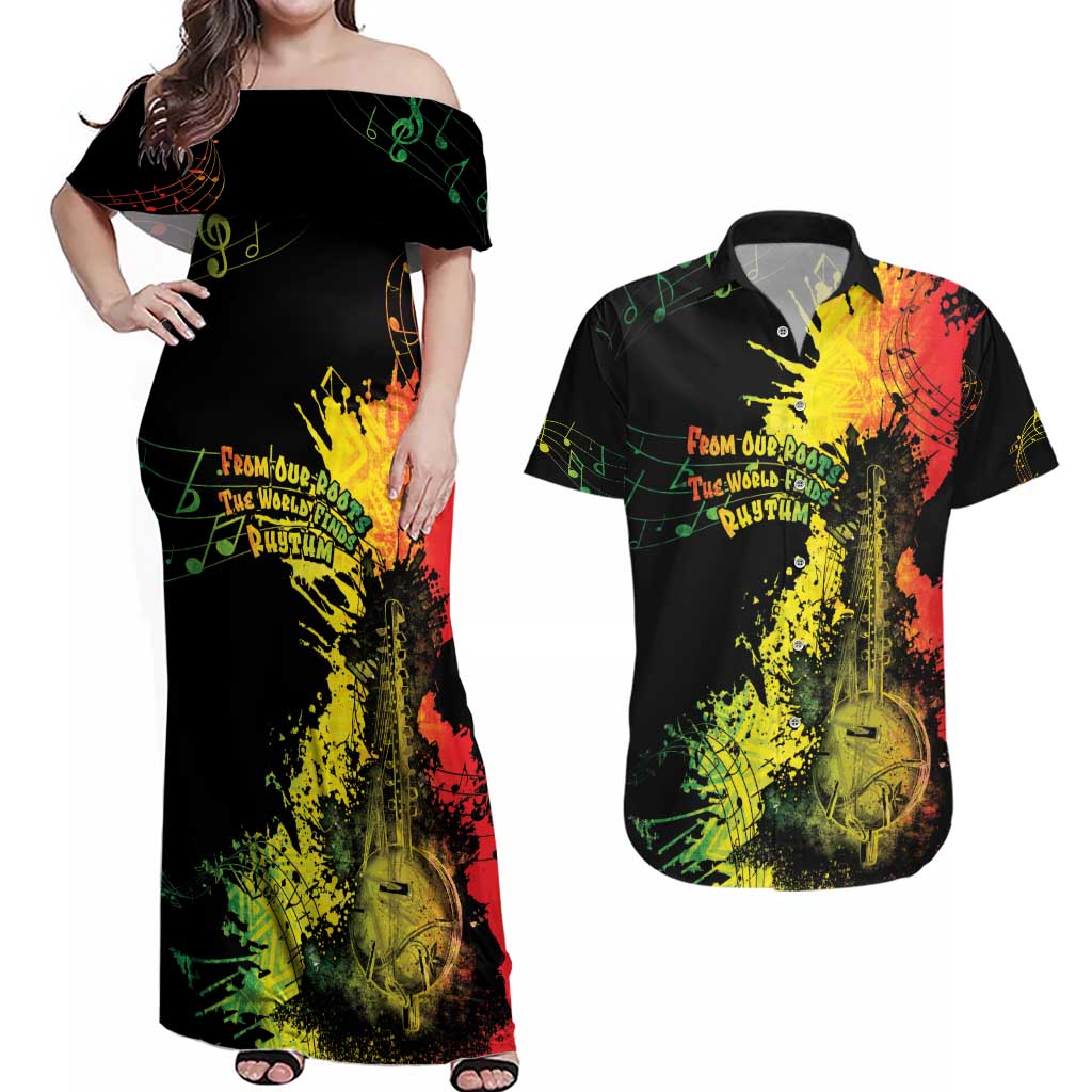 Afro Music Pride Couples Matching Off Shoulder Maxi Dress and Hawaiian Shirt From Our Roots The World Finds Rhythm - Wonder Print Shop