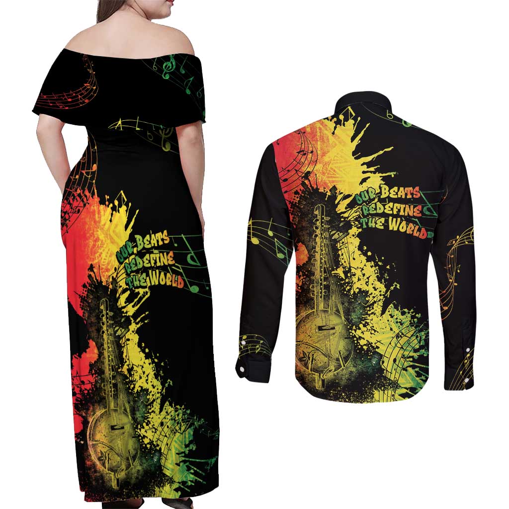 Afro Music Pride Couples Matching Off Shoulder Maxi Dress and Long Sleeve Button Shirt From Our Roots The World Finds Rhythm - Wonder Print Shop