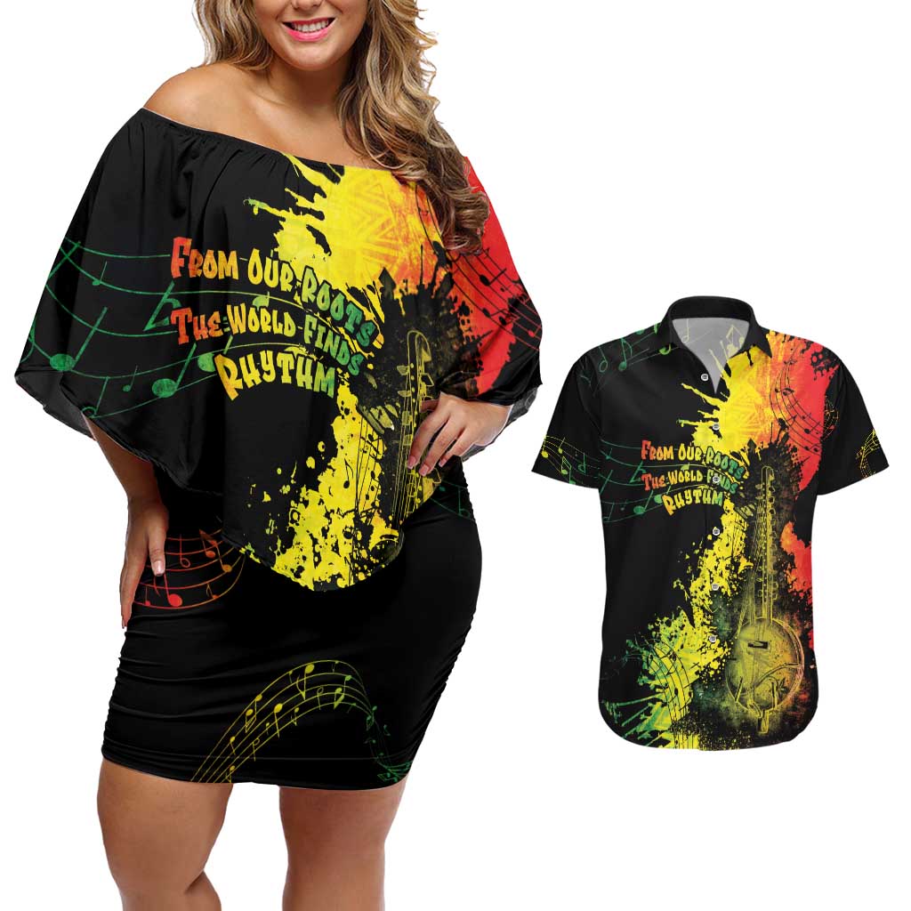 Afro Music Pride Couples Matching Off Shoulder Short Dress and Hawaiian Shirt From Our Roots The World Finds Rhythm - Wonder Print Shop