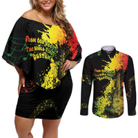 Afro Music Pride Couples Matching Off Shoulder Short Dress and Long Sleeve Button Shirt From Our Roots The World Finds Rhythm - Wonder Print Shop