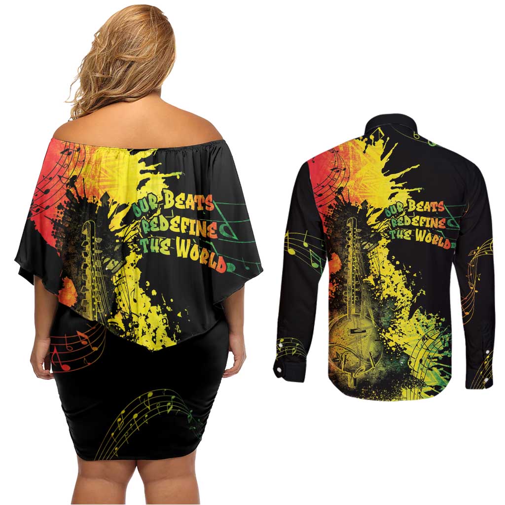 Afro Music Pride Couples Matching Off Shoulder Short Dress and Long Sleeve Button Shirt From Our Roots The World Finds Rhythm - Wonder Print Shop