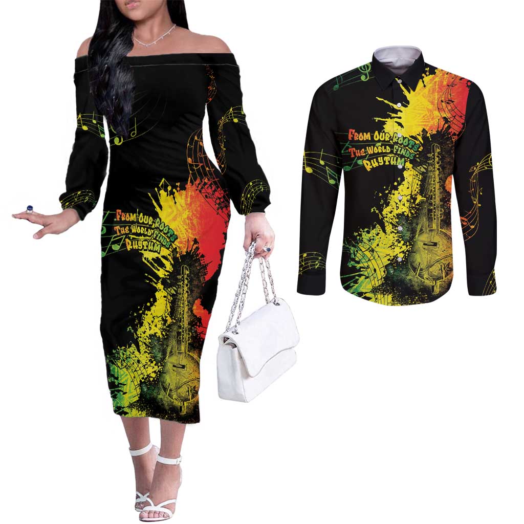 Afro Music Pride Couples Matching Off The Shoulder Long Sleeve Dress and Long Sleeve Button Shirt From Our Roots The World Finds Rhythm - Wonder Print Shop
