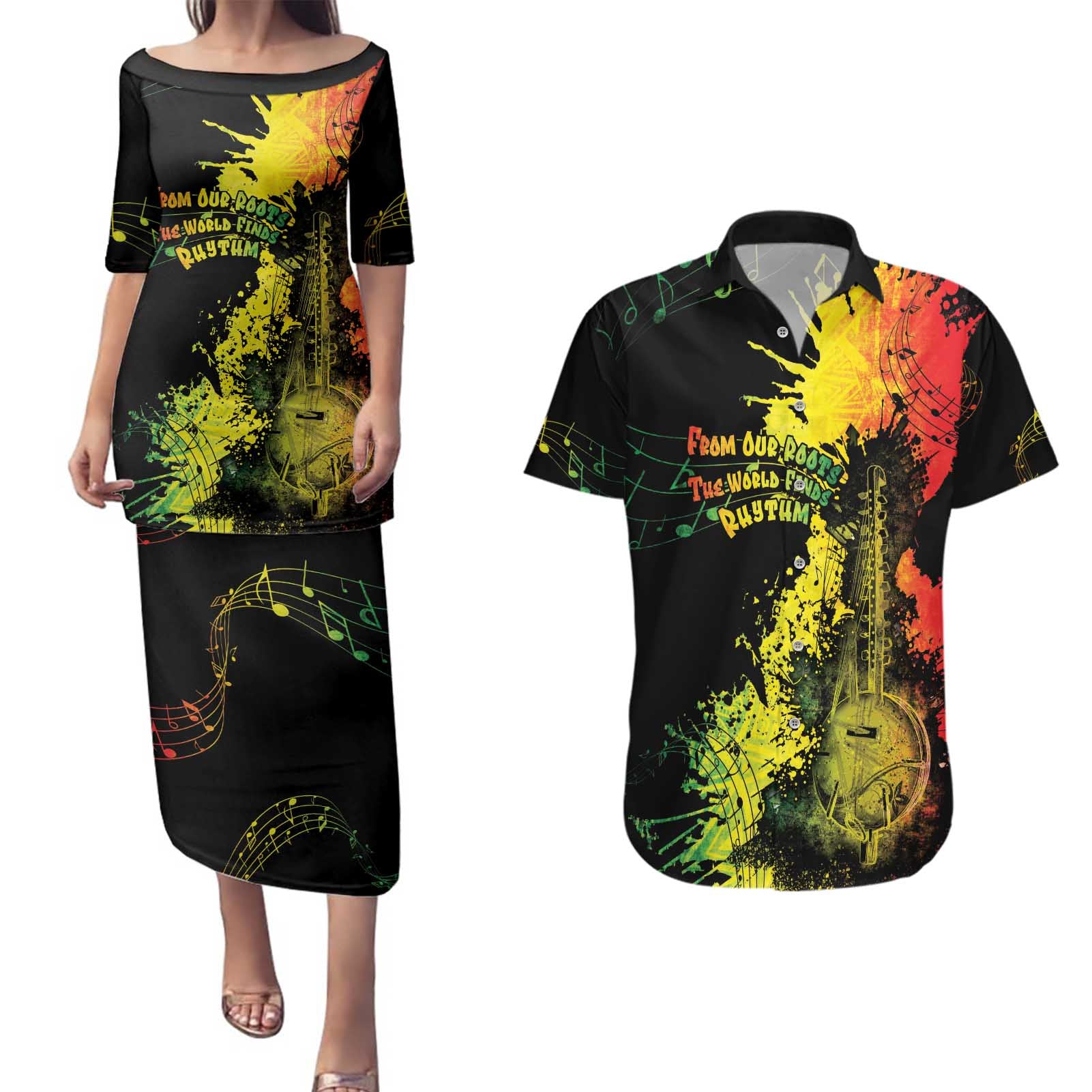 Afro Music Pride Couples Matching Puletasi and Hawaiian Shirt From Our Roots The World Finds Rhythm - Wonder Print Shop