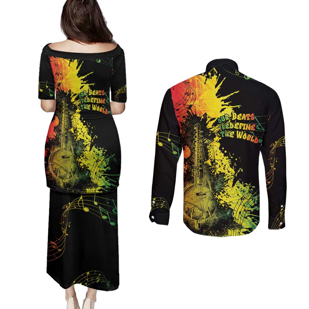 Afro Music Pride Couples Matching Puletasi and Long Sleeve Button Shirt From Our Roots The World Finds Rhythm - Wonder Print Shop