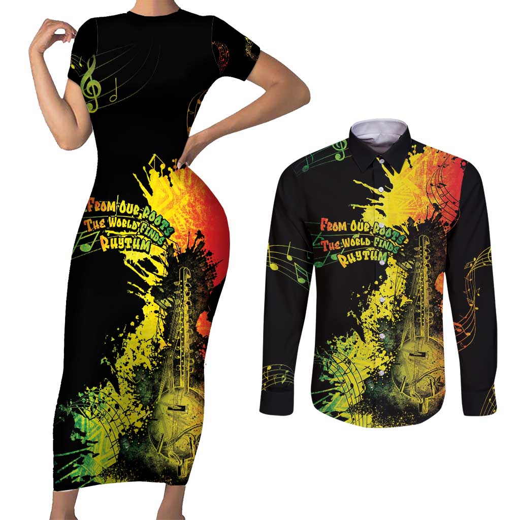 Afro Music Pride Couples Matching Short Sleeve Bodycon Dress and Long Sleeve Button Shirt From Our Roots The World Finds Rhythm - Wonder Print Shop