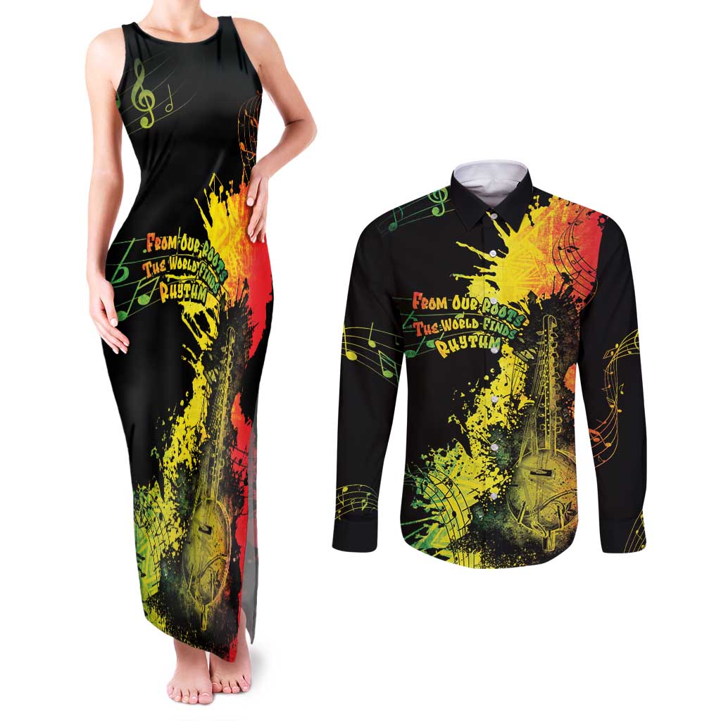 Afro Music Pride Couples Matching Tank Maxi Dress and Long Sleeve Button Shirt From Our Roots The World Finds Rhythm - Wonder Print Shop