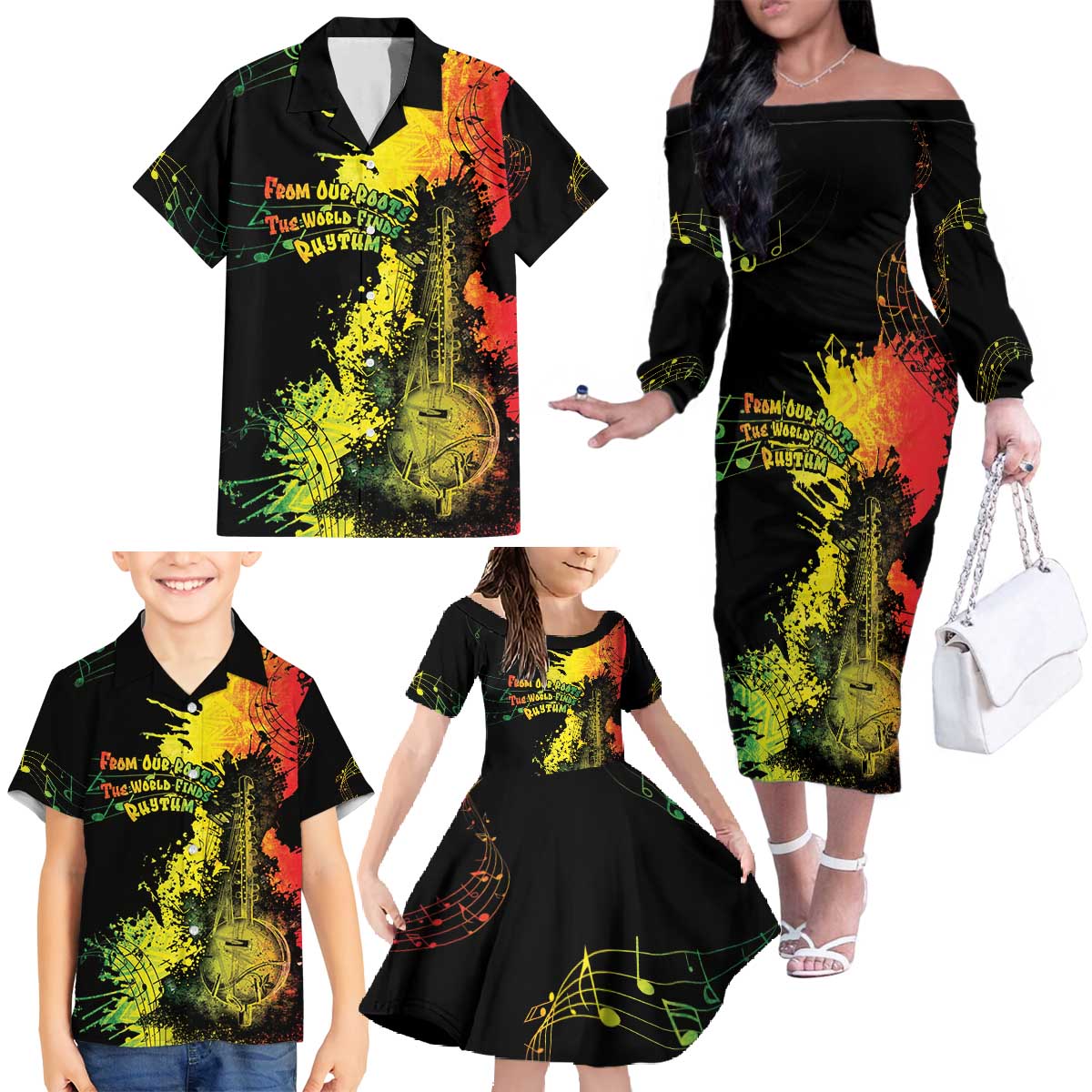 Afro Music Pride Family Matching Off The Shoulder Long Sleeve Dress and Hawaiian Shirt From Our Roots The World Finds Rhythm - Wonder Print Shop