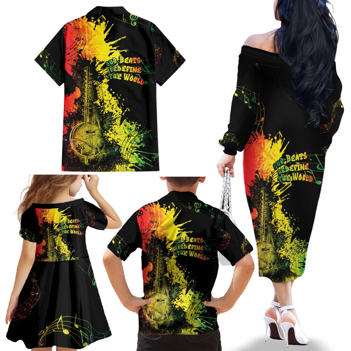 Afro Music Pride Family Matching Off The Shoulder Long Sleeve Dress and Hawaiian Shirt From Our Roots The World Finds Rhythm - Wonder Print Shop