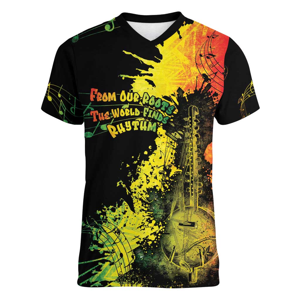 Afro Music Pride Women V-Neck T-Shirt From Our Roots The World Finds Rhythm - Wonder Print Shop