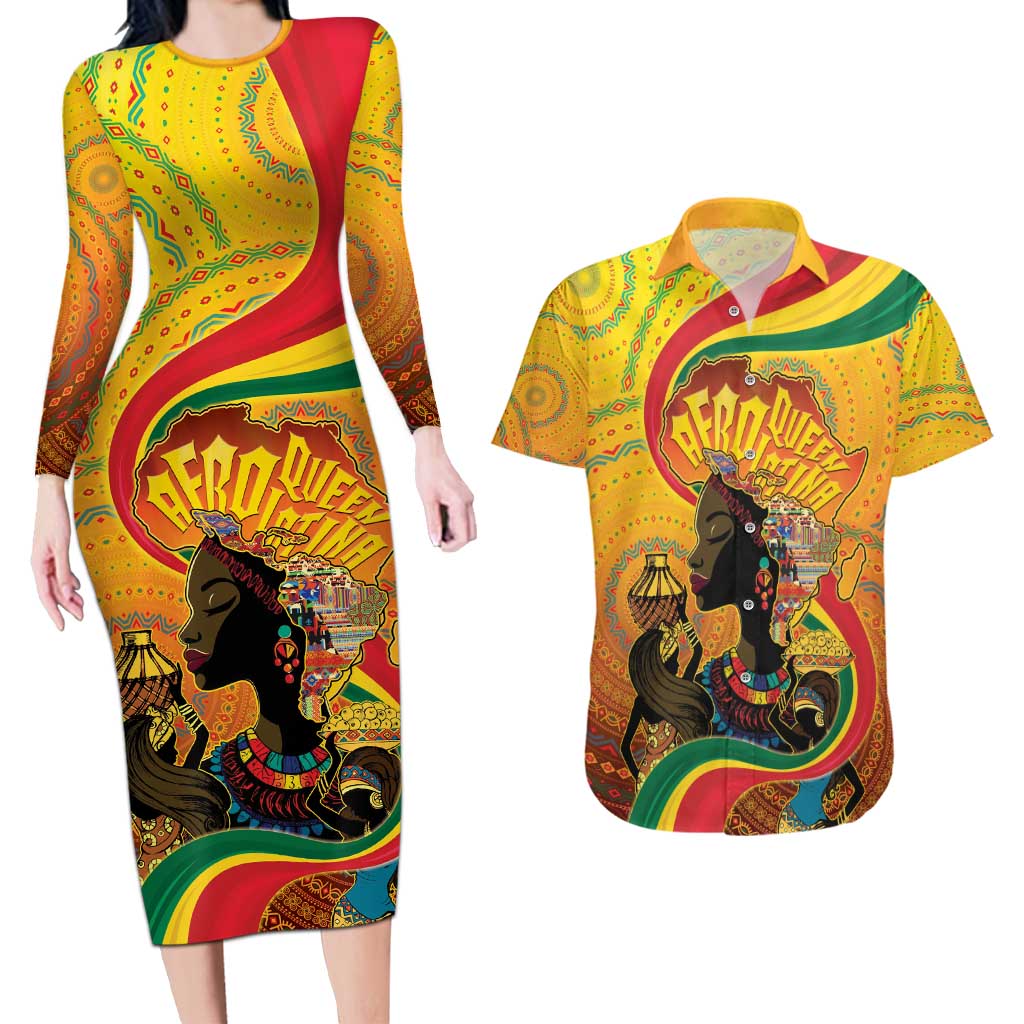 Afro Latina Queen Couples Matching Long Sleeve Bodycon Dress and Hawaiian Shirt The Beauty Of Black Women - Wonder Print Shop