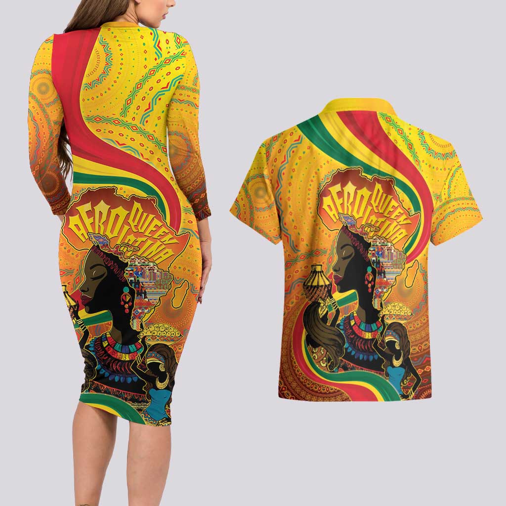 Afro Latina Queen Couples Matching Long Sleeve Bodycon Dress and Hawaiian Shirt The Beauty Of Black Women - Wonder Print Shop