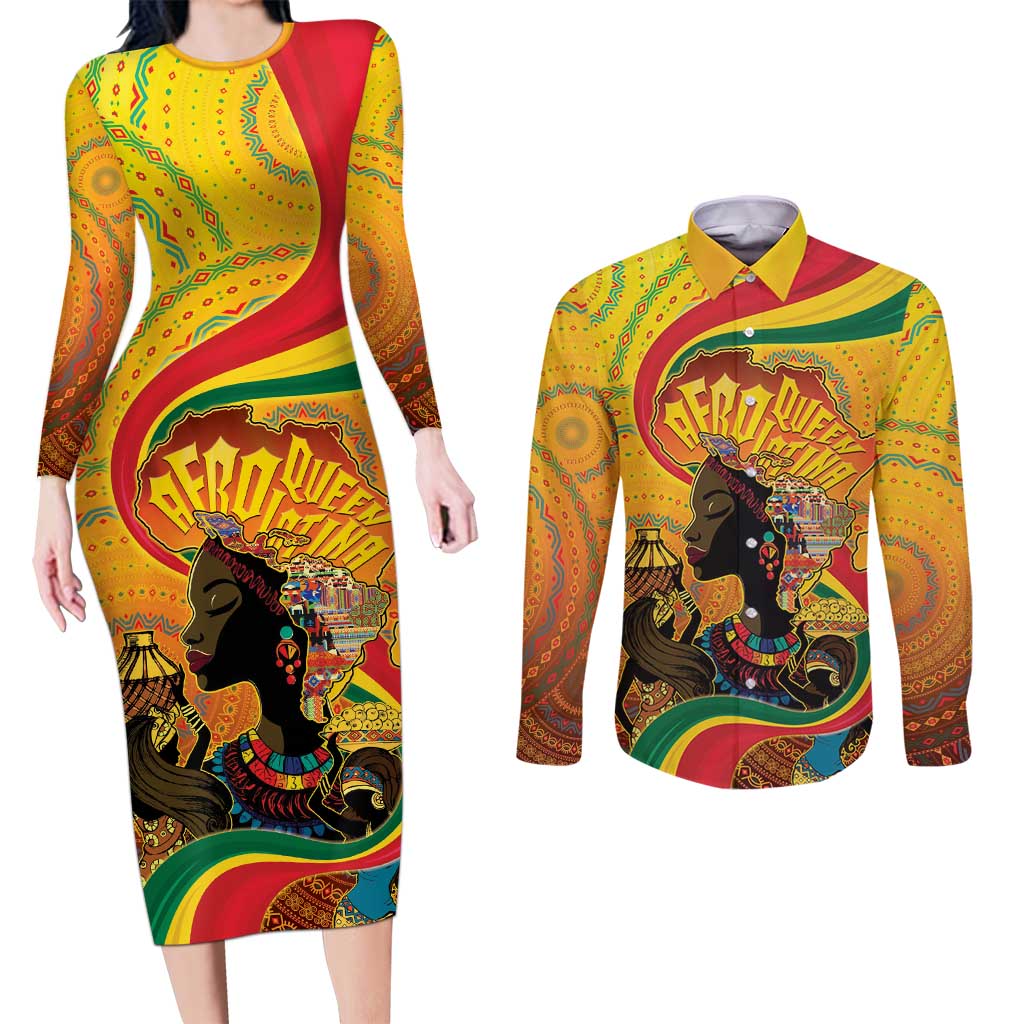 Afro Latina Queen Couples Matching Long Sleeve Bodycon Dress and Long Sleeve Button Shirt The Beauty Of Black Women - Wonder Print Shop