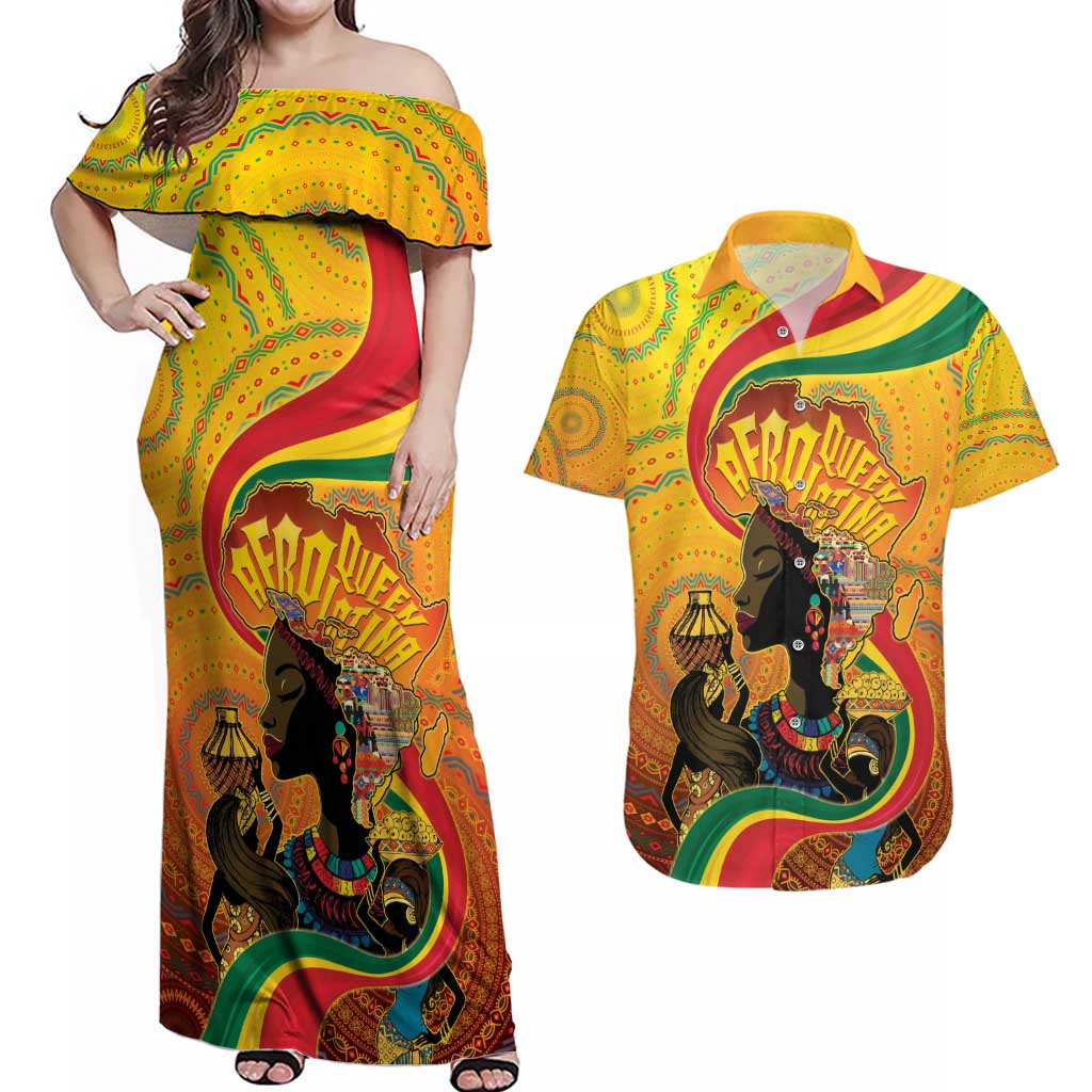 Afro Latina Queen Couples Matching Off Shoulder Maxi Dress and Hawaiian Shirt The Beauty Of Black Women - Wonder Print Shop