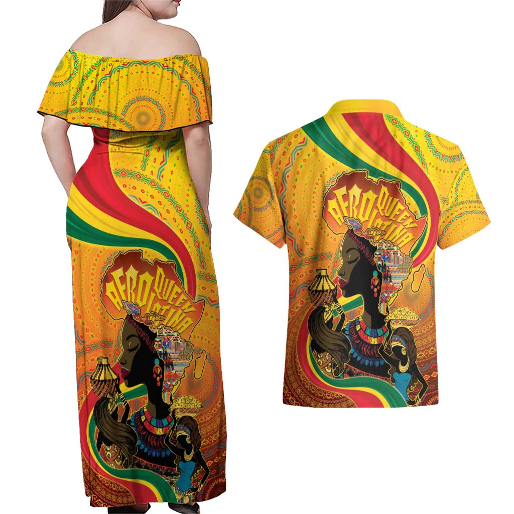 Afro Latina Queen Couples Matching Off Shoulder Maxi Dress and Hawaiian Shirt The Beauty Of Black Women - Wonder Print Shop
