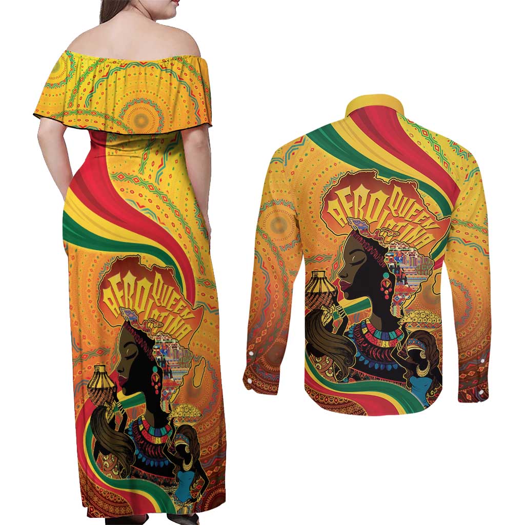 Afro Latina Queen Couples Matching Off Shoulder Maxi Dress and Long Sleeve Button Shirt The Beauty Of Black Women - Wonder Print Shop