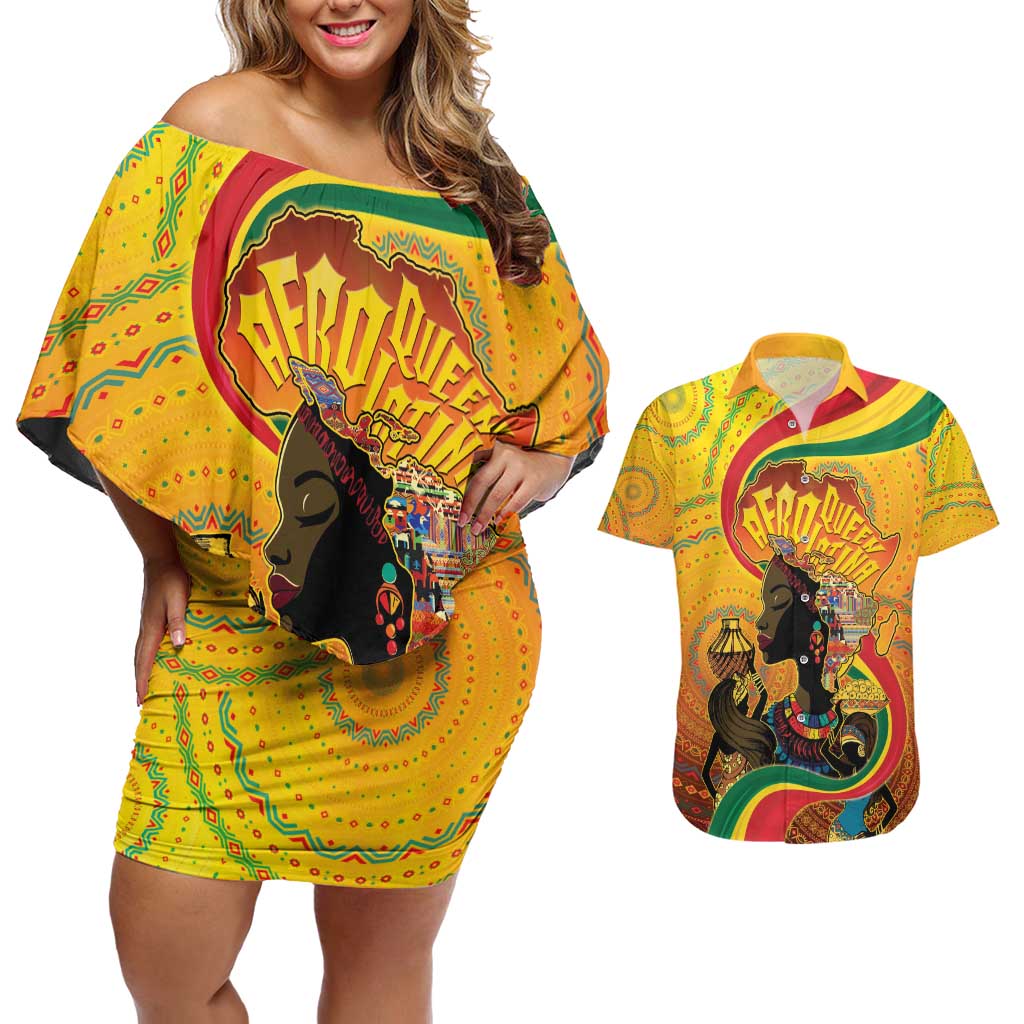 Afro Latina Queen Couples Matching Off Shoulder Short Dress and Hawaiian Shirt The Beauty Of Black Women - Wonder Print Shop