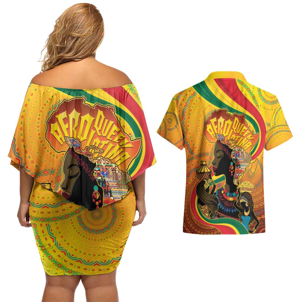 Afro Latina Queen Couples Matching Off Shoulder Short Dress and Hawaiian Shirt The Beauty Of Black Women - Wonder Print Shop