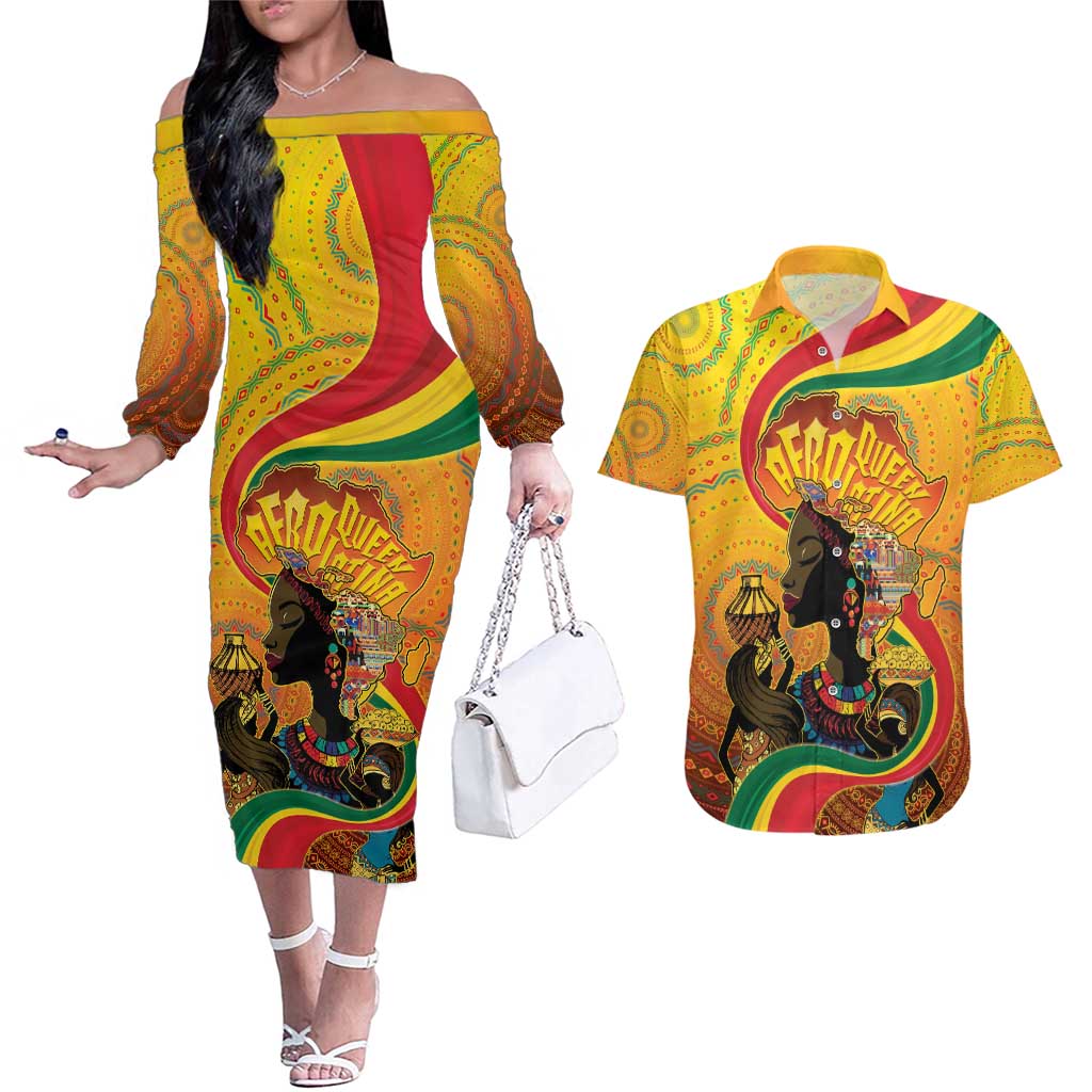 Afro Latina Queen Couples Matching Off The Shoulder Long Sleeve Dress and Hawaiian Shirt The Beauty Of Black Women - Wonder Print Shop