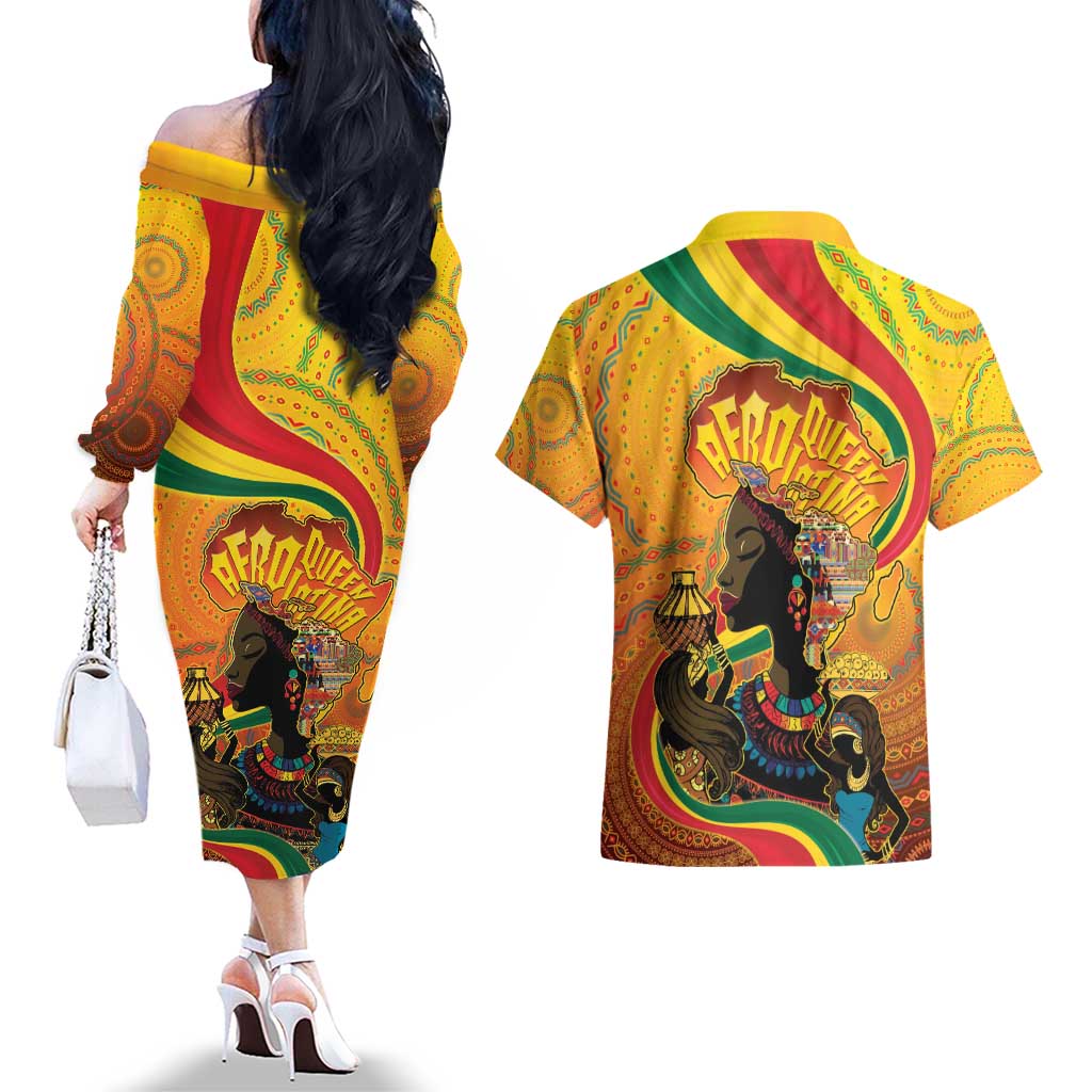 Afro Latina Queen Couples Matching Off The Shoulder Long Sleeve Dress and Hawaiian Shirt The Beauty Of Black Women - Wonder Print Shop
