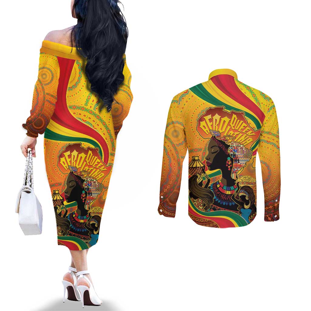 Afro Latina Queen Couples Matching Off The Shoulder Long Sleeve Dress and Long Sleeve Button Shirt The Beauty Of Black Women - Wonder Print Shop