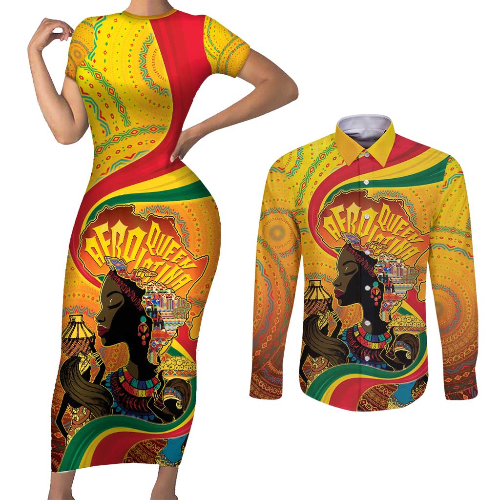 Afro Latina Queen Couples Matching Short Sleeve Bodycon Dress and Long Sleeve Button Shirt The Beauty Of Black Women - Wonder Print Shop