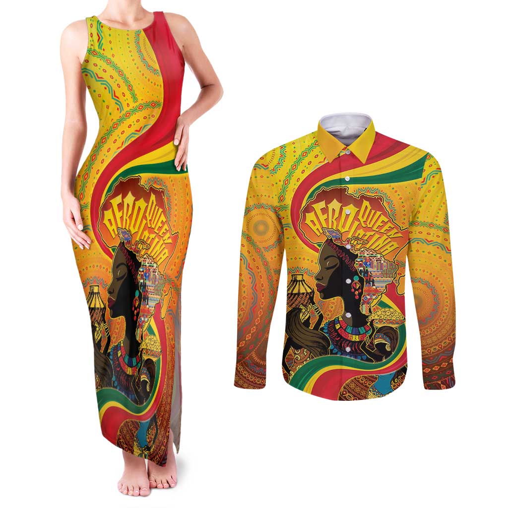Afro Latina Queen Couples Matching Tank Maxi Dress and Long Sleeve Button Shirt The Beauty Of Black Women - Wonder Print Shop