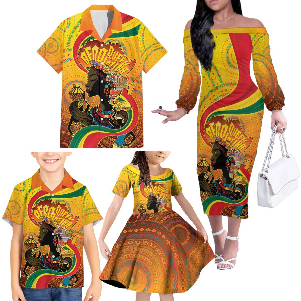 Afro Latina Queen Family Matching Off The Shoulder Long Sleeve Dress and Hawaiian Shirt The Beauty Of Black Women - Wonder Print Shop